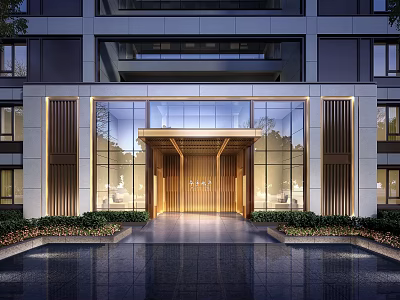 Modern Luxury Building Entrance With Glass Facade Wooden Doorway Water Feature And Lighting 3d model