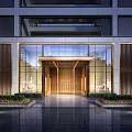Modern Luxury Building Entrance With Glass Facade Wooden Doorway Water Feature And Lighting