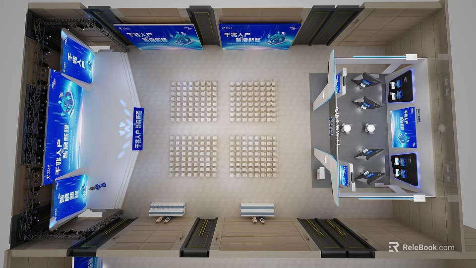 Modern Exhibition Hall Interior With Seating Rows And Blue Digital Screens 3d model 