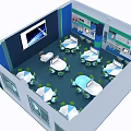 School Modern Classroom With Green Chairs White Tables Ceiling Lights And Large Screen 3d model