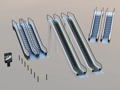 Modern Escalator Design With Multiple Moving Stairs And Metal Handrails Signage 3d model