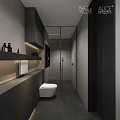 Modern Bathroom Interior Design With Gray Cabinets Glass Shower Partition Lighting Strips and Vanity