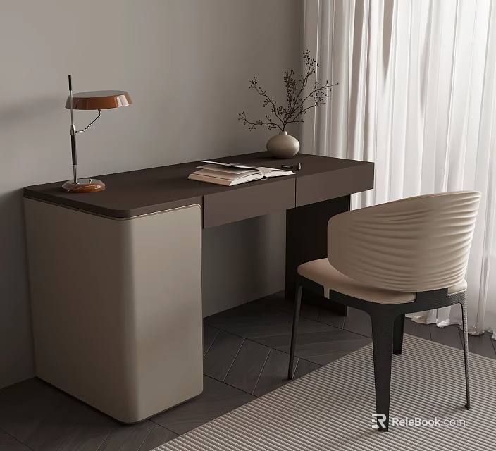 Modern Dark Brown Desk with Table Lamp Open Book Vase with Plant and Beige Chair 3d model 