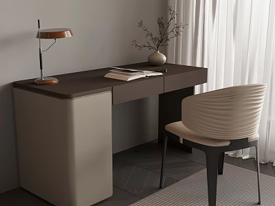 Modern Dark Brown Desk with Table Lamp Open Book Vase with Plant and Beige Chair 3d model
