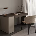 Modern Dark Brown Desk with Table Lamp Open Book Vase with Plant and Beige Chair