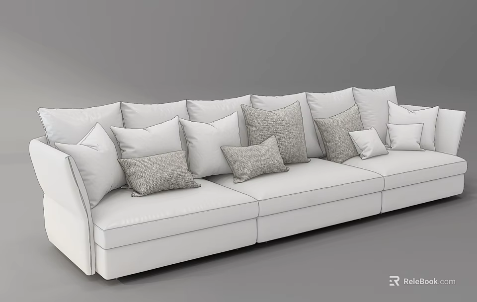 White Three-Seater Sofa With Plush Pillows Different Textures And Modern Comfortable Design 3d model