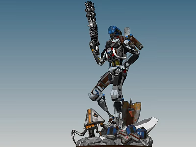 Intelligent Machine Robot Featuring Mechanical Arm Armored Design Standing On Debris Base 3d model