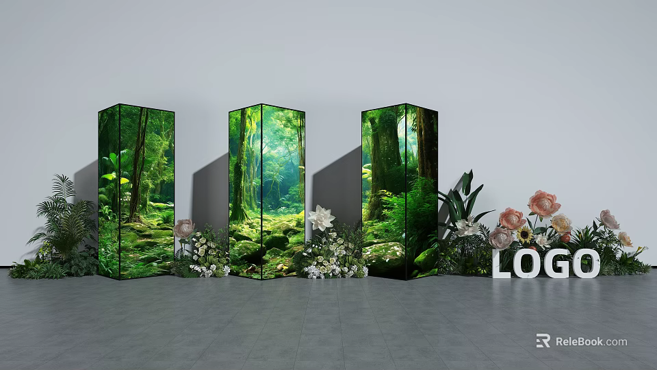 Floral Installation Featuring Three Forest Themed Display Pillars and Surrounding Flowers Green Plants 3d model 