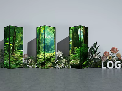 Floral Installation Featuring Three Forest Themed Display Pillars and Surrounding Flowers Green Plants 3d model