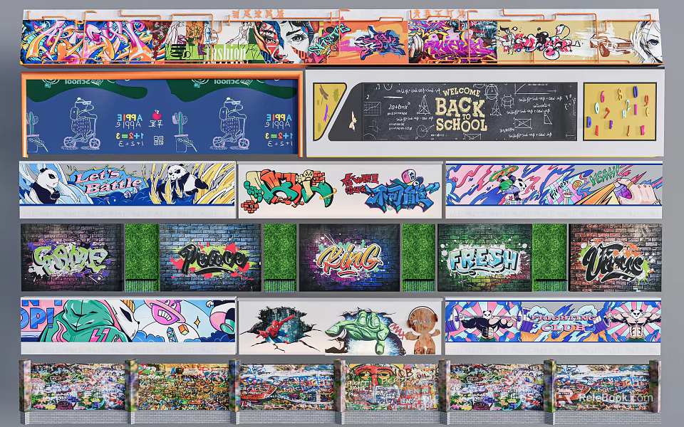 Vibrant Graffiti Wall Decorations With Various Artistic Themes Bright Patterns And Creative Designs 3d model