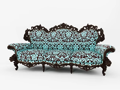 Ornate Three Seater Sofa With Carved Wooden Frame And Turquoise Floral Upholstery 3d model
