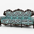 Ornate Three Seater Sofa With Carved Wooden Frame And Turquoise Floral Upholstery