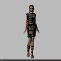 Woman in Black Dress with Various Patterns and Text Wearing Brown Strappy Sandals