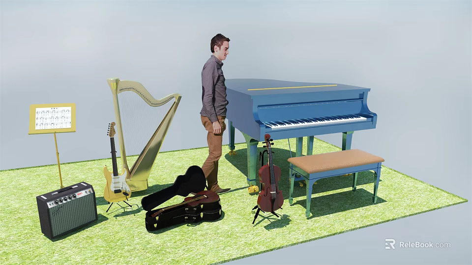 Assorted Musical Instruments Display with Blue Piano Harp Guitar and Violin 3d model 