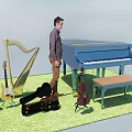Assorted Musical Instruments Display with Blue Piano Harp Guitar and Violin