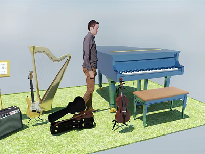 Modern Musical Instruments Piano Guitar Harp Music Rack Sound 3d model