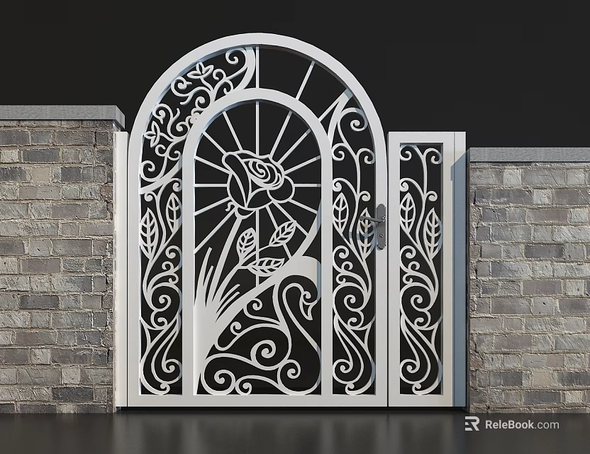 Elegant White Wrought Iron Gate With Intricate Rose Pattern And Side Brick Walls 3d model 