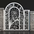 Elegant White Wrought Iron Gate With Intricate Rose Pattern And Side Brick Walls