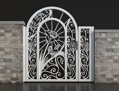 Elegant White Wrought Iron Gate With Intricate Rose Pattern And Side Brick Walls 3d model