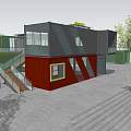 Modern Container Building With Red Black Modules Glass Windows Staircase And Greenery 3d model