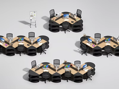 Modern Office Desk and Chair Set with Multiple Workstations and Computers 3d model