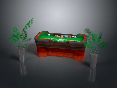 Sports Equipment Green Table Top With Wooden Frame And Decorative Palm Plants In White Vases 3d model