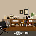 Wooden Entryway Cabinet Sideboard with Glass Doors Drawers Books Vase Framed Pictures and Chair