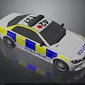 White Police Car With Blue And Yellow Stripes And Roof Lights Design