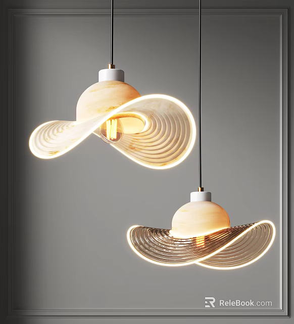 Modern Pendant Lights with Wavy Curved Shade Illuminating Warm Glow Hanging in Interior Space 3d model 