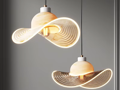 Modern Pendant Lights with Wavy Curved Shade Illuminating Warm Glow Hanging in Interior Space 3d model