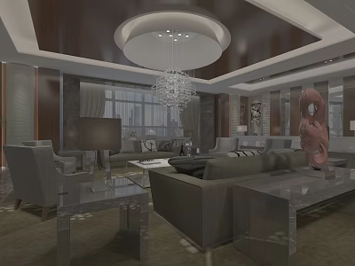 Modern Living Room Interior With Gray Sofa Glass Coffee Tables Chandelier And Floor-to-Ceiling Windows 3d model