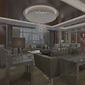 Modern Living Room Interior With Gray Sofa Glass Coffee Tables Chandelier And Floor-to-Ceiling Windows