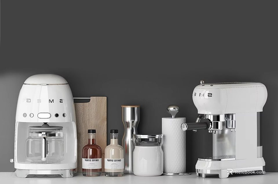 Modern White Kitchen Appliances Blender Coffee Machine Wooden Cutting Board Jars Bottles On Gray Backdrop 3d model 