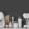 Modern White Kitchen Appliances Blender Coffee Machine Wooden Cutting Board Jars Bottles On Gray Backdrop