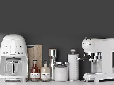Modern White Kitchen Appliances Blender Coffee Machine Wooden Cutting Board Jars Bottles On Gray Backdrop 3d model