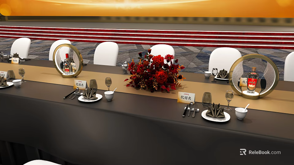 Elegant Dining Table Setup With White Chairs Red Flower Arrangement And Guest Name Cards 3d model 