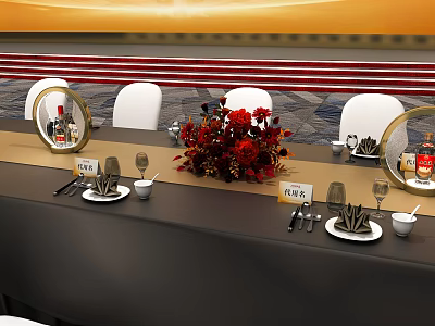 Elegant Dining Table Setup With White Chairs Red Flower Arrangement And Guest Name Cards 3d model