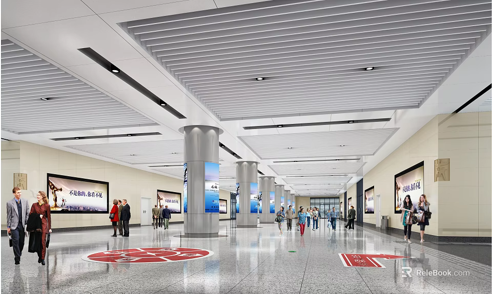 Modern Train Station Hall Interior With Columns Advertising Billboards Floor Signs And Pedestrians 3d model 
