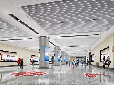 Modern Train Station Hall Interior With Columns Advertising Billboards Floor Signs And Pedestrians 3d model