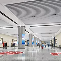 Modern Train Station Hall Interior With Columns Advertising Billboards Floor Signs And Pedestrians