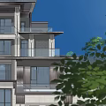 Modern Duplex Villa Exterior Design With Large Windows And Green Lawn