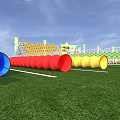 Outdoor Sports Field With Green Lawn Colorful Track Obstacles Blue Canopies And Decorative Arch