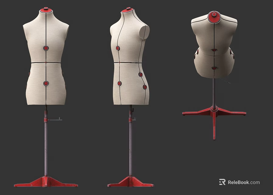 Three Dress Forms From Different Angles With Beige Body Red Stand And Marking Dots 3d model 