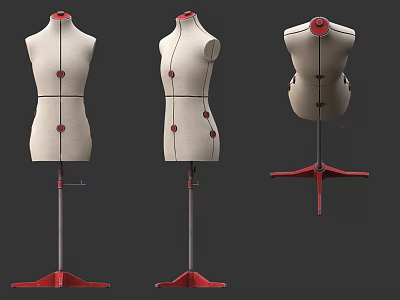 Three Dress Forms From Different Angles With Beige Body Red Stand And Marking Dots 3d model