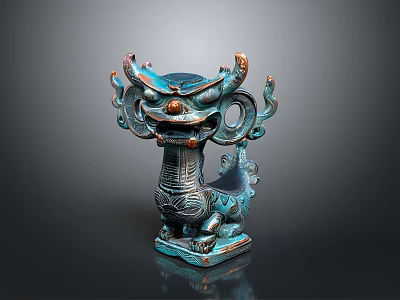 Traditional Dragon Head Sculpture Carving With Bronze Colored Finish Intricate Patterns And Square Base 3d model