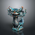 Traditional Dragon Head Sculpture Carving With Bronze Colored Finish Intricate Patterns And Square Base