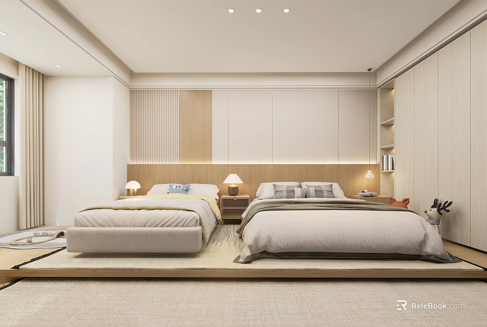 Modern Minimalist Bedroom With Two Platform Beds Wooden Headboard Wall Nightstands And Table Lamps 3d model 