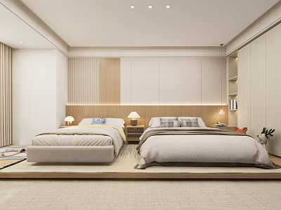 Modern Minimalist Bedroom With Two Platform Beds Wooden Headboard Wall Nightstands And Table Lamps 3d model