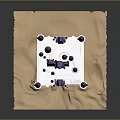 Decorative White Castle Model With Purple Spires Blue Flag On Sandy Base