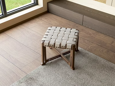 Woven Stool With Wooden Frame Woven Seat On Wooden Floor By Window And Light Rug 3d model